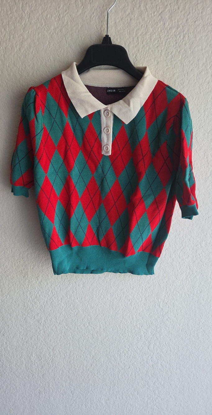SHEIN Red & Teal Polo Sweater Top with Cream Collar